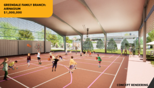 3D rendered image showing kids playing basketball at a court in Central Massachusetts