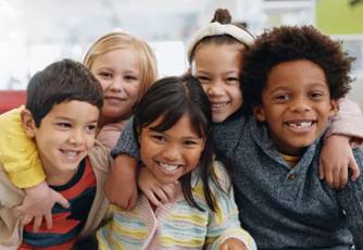 children group selfie Group of kids from diverse cultures posing for a picture