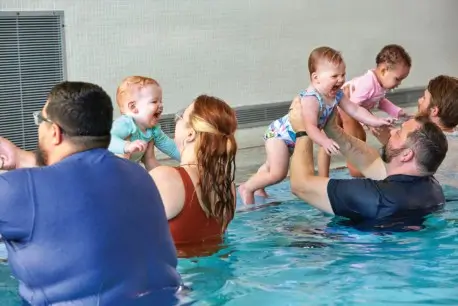 Families at swim lessons in Central Massachusetts.