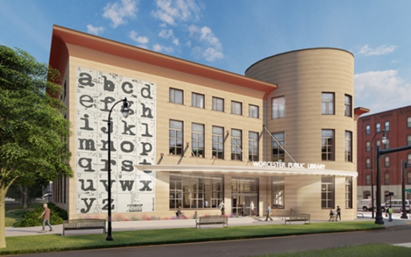 Worcester Public Library building with vibrant alphabet artwork and a wide glass entry